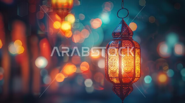 الاحتفال بشهر رمضان المبارك، فوانيس اسلامية وتحف تقليدية للاستعداد لقدوم شهر الخير، أضواء وأنوار وديكورات المناسبات الاسلامية والدينية، الأجواء الرمضانية الروحانية، فانوس عربي معدني مزخرف مضيء
