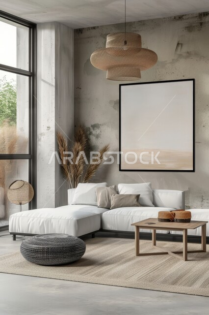 واجهة زجاجية مطلة على الطبيعة، التصاميم الداخلية لغرف الجلوس على الطراز الحديث، غرفة معيشة مع أثاث منزلي بسيط باللون الأبيض, ديكور داخلي راقي للفلل والشقق السكنية في المملكة العربية السعودية