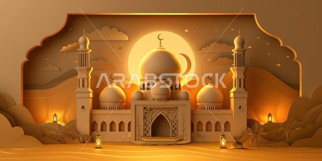 العبادة والتقرب إلى الله تعالى، الديكورات والتصاميم الهندسية المميزة في رمضان المبارك، قدوم شهر الخير ، زينة الاعياد والمناسبات الدينية، مجسمات ثلاثية الابعاد باللون البني للمساجد والقبب المزخرفة
