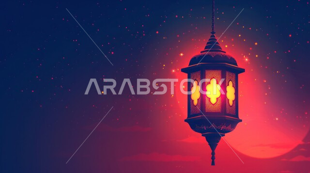 التهنئة بمناسبة الأعياد الإسلامية، العادات والتقاليد العربية لزينة رمضان المبارك، البهجة بقدوم شهر الخير والبركة، فانوس معدني مضيئ الأجواء الروحانية الرمضانية، تحف وديكورات واكسسوارات المناسبات الدينية، خلفية السماء والنجوم