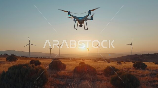 تطور تقنيات أجهزة التصوير الحديثة، طائرة درون تحلق في سماء المملكة العربية السعودية وقت غروب الشمس، مفهوم استخدام الطاقات المتجددة صديقة البيئة، حقول توربينات الرياح وطواحين الهواء