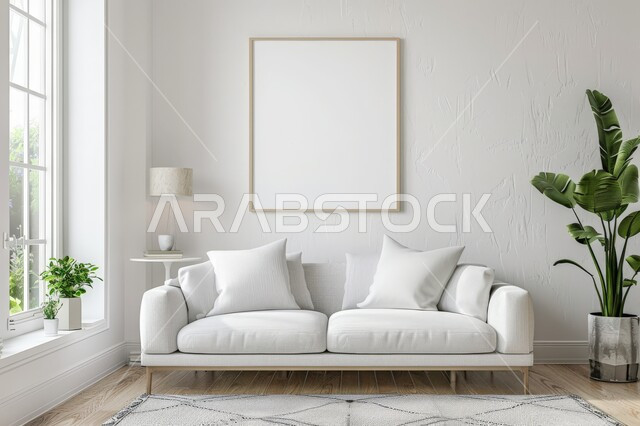 الاهتمام في نباتات الزينة الخضراء, التصاميم الداخلية لغرف الجلوس على الطراز الحديث، غرفة معيشة مع أثاث منزلي بسيط باللون الأبيض, الديكورات الداخلية الراقية للفلل والشقق السكنية في المملكة العربية السعودية, لوحة بيضاء فارغه معلقة، واجهة زجاجية مطلة على الطبيعة