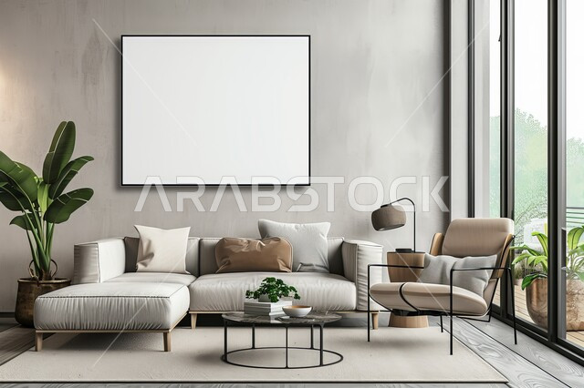 واجهة زجاجية مطلة على الطبيعة، الاهتمام في نباتات الزينة الخضراء, التصاميم الداخلية لغرف الجلوس على الطراز الحديث، غرفة معيشة مع أثاث منزلي بسيط باللون الأبيض, الديكورات الداخلية الراقية للفلل والشقق السكنية في المملكة العربية السعودية, لوحة بيضاء فارغه معلقة