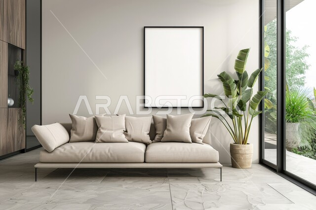 لوحة بيضاء فارغه معلقة، واجهة زجاجية مطلة على الطبيعة، الاهتمام في نباتات الزينة الخضراء, التصاميم الداخلية لغرف الجلوس على الطراز الحديث، غرفة معيشة مع أثاث منزلي بسيط باللون الأبيض, الديكورات الداخلية الراقية للفلل والشقق السكنية في المملكة العربية السعودية