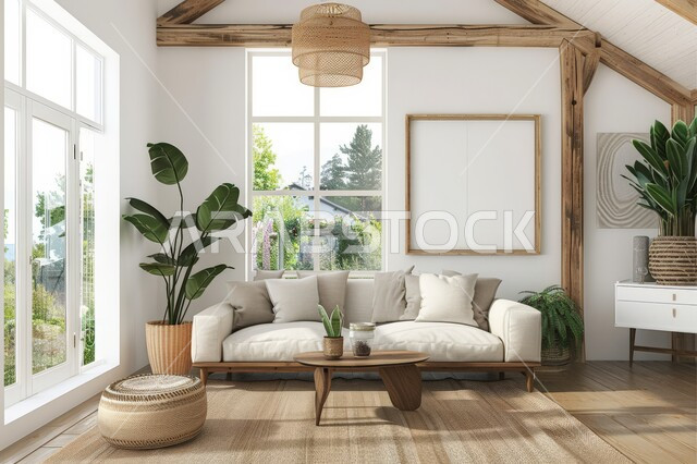 الديكورات الداخلية الراقية للفلل والشقق السكنية في المملكة العربية السعودية، لوحة بيضاء فارغه معلقة، واجهة زجاجية مطلة على الطبيعة، الاهتمام في نباتات الزينة الخضراء, التصاميم الداخلية لغرف الجلوس على الطراز الحديث، غرفة معيشة مع أثاث منزلي بسيط باللون الأبيض