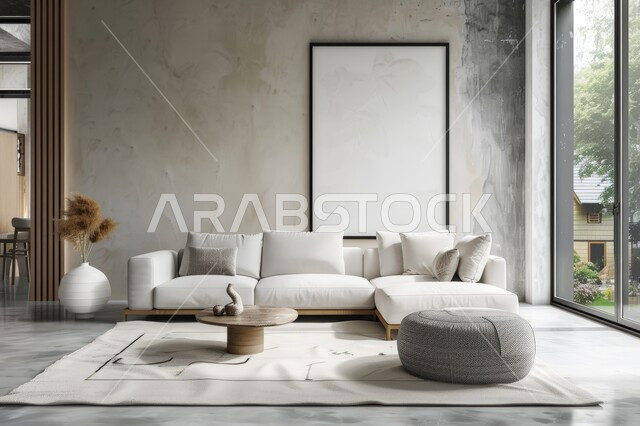 التصاميم الداخلية لغرف الجلوس على الطراز الحديث، غرفة معيشة مع أثاث منزلي بسيط باللون الأبيض، الديكورات الداخلية الراقية للفلل والشقق السكنية في المملكة العربية السعودية، لوحة بيضاء فارغه معلقة، واجهة زجاجية مطلة على الطبيعة