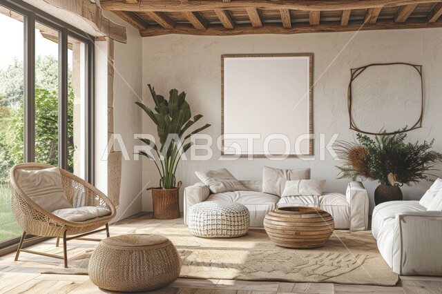 التصاميم الداخلية لغرف الجلوس على الطراز الحديث، الاهتمام في نباتات الزينة الخضراء, غرفة معيشة مع أثاث منزلي بسيط باللون الأبيض, الديكورات الداخلية الراقية للفلل والشقق السكنية في المملكة العربية السعودية, لوحة بيضاء فارغه معلقة، واجهة زجاجية مطلة على الطبيعة