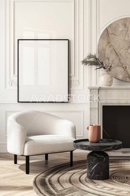 لوحة بيضاء فارغه معلقة، التصاميم الداخلية لغرف الجلوس على الطراز الحديث، غرفة معيشة مع كنبة مريحة باللون الأبيض بجانب موقد، الديكورات الداخلية للفلل والشقق السكنية في المملكة العربية السعودية