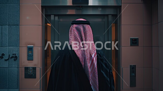 تسهيل الانتقال من طابق إلى اخر داخل الأبنية، صورة مقربة من الخلف لرجل عربي خليجي سعودي يرتدي الشماغ والبشت يقف أمام مصعد كهربائي، الفن الهندسي المعماري للأبنية في المملكة العربية السعودية