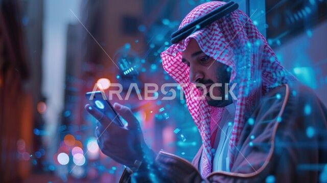 Immersion in watching something, close-up of a Saudi Arabian Gulf man wearing traditional dress and bisht holding a mobile phone, using modern technology to communicate with family and friends
