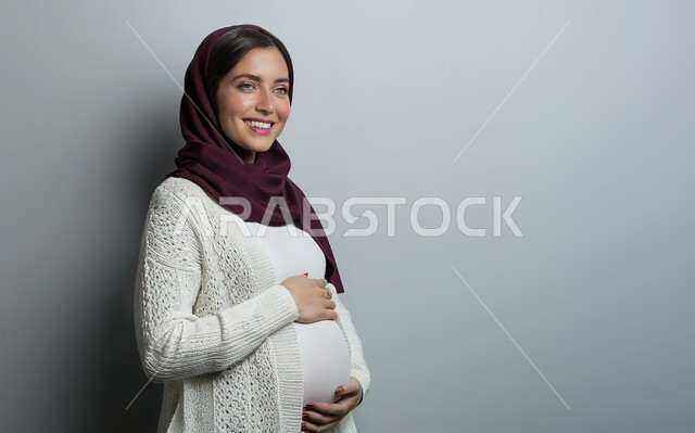 مفهوم الحمل والانجاب، بورتريه مقرب لإمرأة عربية خليجية سعودية محجبة تضع يدها على بطنها تنظر الى الكاميرا بإيماءات السرور، تعابير الحماس والشوق لانتظار المولود، الاهتمام بصحة الجنين، خلفية رمادية