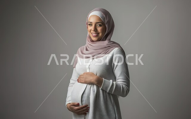 مفهوم الحمل والانجاب، بورتريه مقرب لإمرأة عربية خليجية سعودية محجبة تضع يدها على بطنها تنظر الى الكاميرا بإيماءات السرور، تعابير الحماس والشوق لانتظار المولود، الاهتمام بصحة الجنين، خلفية رمادية