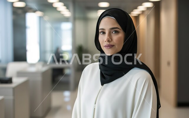 الاهتمام بالأناقة والمظهر الخارجي، مهن ووظائف مكتبية نسائية, سيدة أعمال عربية خليجية إماراتية محجبة تقف في المكتب بأيدي متقاطعة تنظر إلى الكاميرا بتعابير السرور والثقة بالنفس، إدارة وتنظيم الأعمال ضمن مقر الشركة