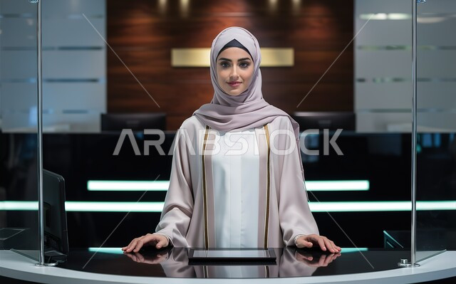 الاهتمام بالأناقة والمظهر الخارجي، مهن ووظائف مكتبية نسائية, سيدة أعمال عربية خليجية إماراتية محجبة تقف في المكتب بأيدي متقاطعة تنظر إلى الكاميرا بتعابير السرور والثقة بالنفس، إدارة وتنظيم الأعمال ضمن مقر الشركة