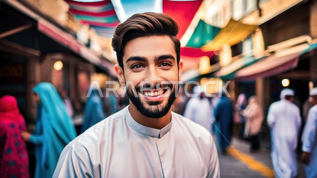 مفهوم الوسامة والرجولة، الأناقة والاهتمام بالمظهر الخارجي، صورة مقربة لشاب عربي خليجي سعودي مبتسم يرتدي الثوب التقليدي يقف في إحدى الأسواق ينظر الى الكاميرا بتعابير السرور والثقة بالنفس