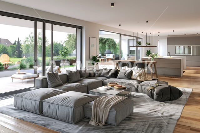 غرفة معيشة بتصاميم عصرية حديثة، النوافذ الزجاجية المطلة على الطبيعة في غرف الجلوس, أثاث منزلي راقي، تصميمات وديكورات فاخرة على الطراز الحديث، فلل و قصور سكنية