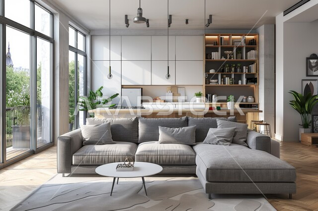 غرفة معيشة بتصاميم عصرية حديثة، النوافذ الزجاجية المطلة على الطبيعة في غرف الجلوس, أثاث منزلي راقي، تصميمات وديكورات فاخرة على الطراز الحديث، فلل و قصور سكنية