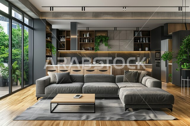 غرفة معيشة بتصاميم عصرية حديثة، النوافذ الزجاجية المطلة على الطبيعة في غرف الجلوس, أثاث منزلي راقي، تصميمات وديكورات فاخرة على الطراز الحديث، فلل و قصور سكنية