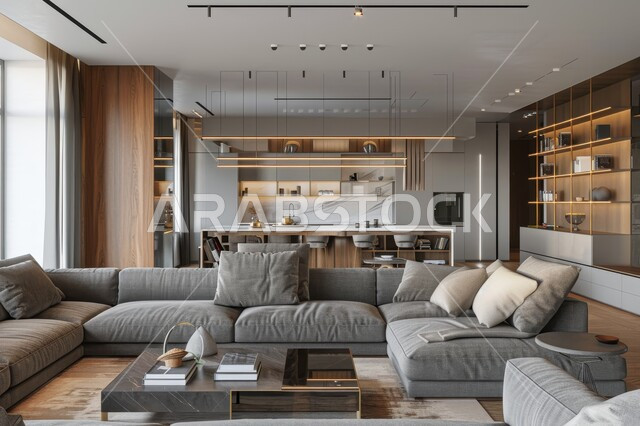 غرفة معيشة بتصاميم عصرية حديثة، النوافذ الزجاجية المطلة على الطبيعة في غرف الجلوس, أثاث منزلي راقي، تصميمات وديكورات فاخرة على الطراز الحديث، فلل و قصور سكنية