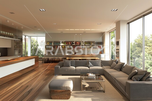 غرفة معيشة بتصاميم عصرية حديثة، النوافذ الزجاجية المطلة على الطبيعة في غرف الجلوس, أثاث منزلي راقي، تصميمات وديكورات فاخرة على الطراز الحديث، فلل و قصور سكنية