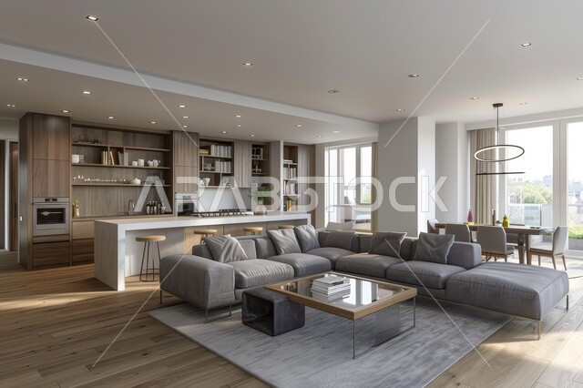 غرفة معيشة بتصاميم عصرية حديثة، النوافذ الزجاجية المطلة على الطبيعة في غرف الجلوس, أثاث منزلي راقي، تصميمات وديكورات فاخرة على الطراز الحديث، فلل و قصور سكنية