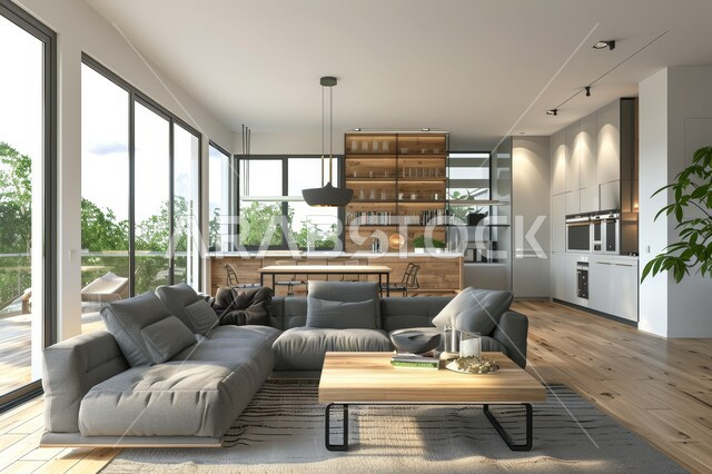 غرفة معيشة بتصاميم عصرية حديثة، النوافذ الزجاجية المطلة على الطبيعة في غرف الجلوس, أثاث منزلي راقي، تصميمات وديكورات فاخرة على الطراز الحديث، فلل و قصور سكنية