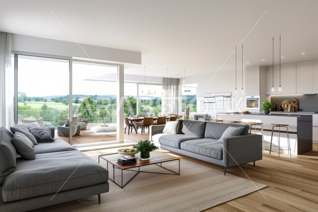 غرفة معيشة بتصاميم عصرية حديثة، النوافذ الزجاجية المطلة على الطبيعة في غرف الجلوس, أثاث منزلي راقي، تصميمات وديكورات فاخرة على الطراز الحديث، فلل و قصور سكنية