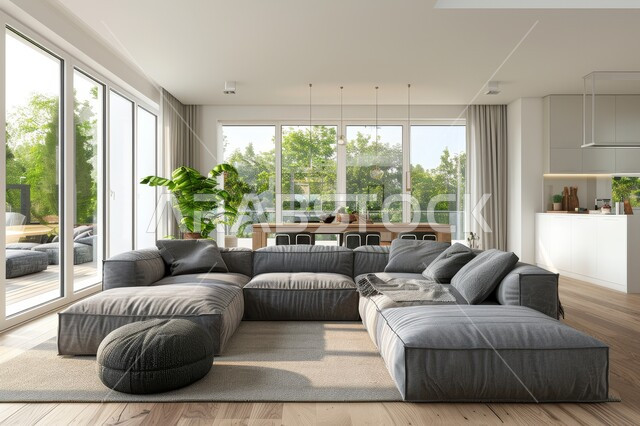 غرفة معيشة بتصاميم عصرية حديثة، النوافذ الزجاجية المطلة على الطبيعة في غرف الجلوس, أثاث منزلي راقي، تصميمات وديكورات فاخرة على الطراز الحديث، فلل و قصور سكنية