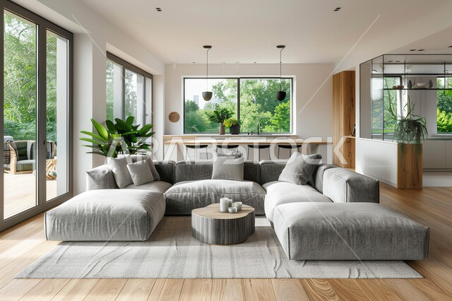 غرفة معيشة بتصاميم عصرية حديثة، النوافذ الزجاجية المطلة على الطبيعة في غرف الجلوس, أثاث منزلي راقي، تصميمات وديكورات فاخرة على الطراز الحديث، فلل و قصور سكنية