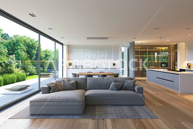 غرفة معيشة بتصاميم عصرية حديثة، النوافذ الزجاجية المطلة على الطبيعة في غرف الجلوس, أثاث منزلي راقي، تصميمات وديكورات فاخرة على الطراز الحديث، فلل و قصور سكنية