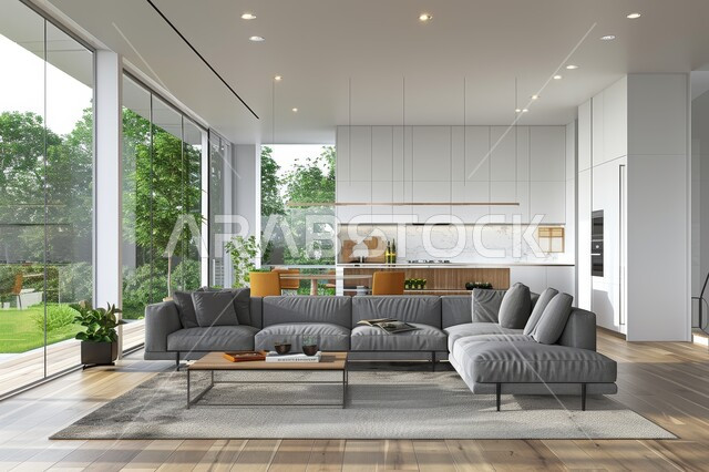 غرفة معيشة بتصاميم عصرية حديثة، النوافذ الزجاجية المطلة على الطبيعة في غرف الجلوس, أثاث منزلي راقي، تصميمات وديكورات فاخرة على الطراز الحديث، فلل و قصور سكنية