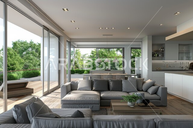 غرفة معيشة بتصاميم عصرية حديثة، النوافذ الزجاجية المطلة على الطبيعة في غرف الجلوس, أثاث منزلي راقي، تصميمات وديكورات فاخرة على الطراز الحديث، فلل و قصور سكنية