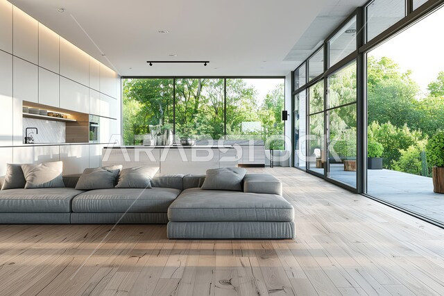 غرفة معيشة بتصاميم عصرية حديثة، النوافذ الزجاجية المطلة على الطبيعة في غرف الجلوس, أثاث منزلي راقي، تصميمات وديكورات فاخرة على الطراز الحديث، فلل و قصور سكنية