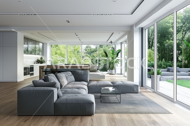 A living room with modern contemporary designs, glass windows overlooking nature in the living rooms, upscale home furniture, luxurious designs and decorations in a modern style, residential villas and palaces