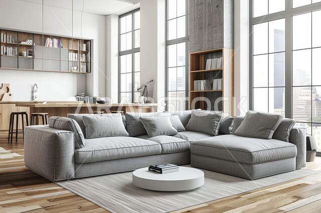 A living room with modern contemporary designs, glass windows overlooking nature in the living rooms, upscale home furniture, luxurious designs and decorations in a modern style, residential villas and palaces