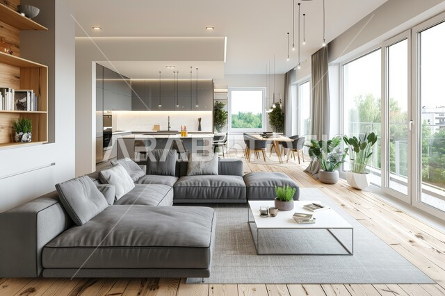 غرفة معيشة بتصاميم عصرية حديثة، النوافذ الزجاجية المطلة على الطبيعة في غرف الجلوس, أثاث منزلي راقي، تصميمات وديكورات فاخرة على الطراز الحديث، فلل و قصور سكنية