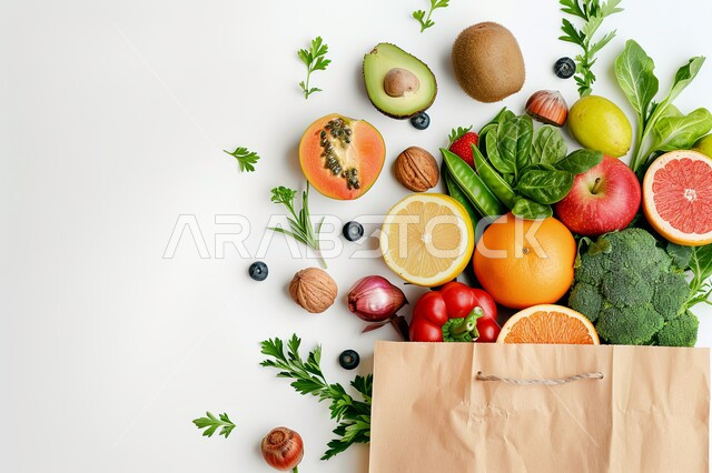 المنتجات والمحاصيل الزراعية الوطنية السعودية, الاهتمام في الزراعة المحلية والاكتفاء الذاتي, مأكولات مفيدة و صحية, صورة مقربة لمجموعة من الخضراوات والفواكه الطازجة مع كيس ورقي على خلفية بيضاء