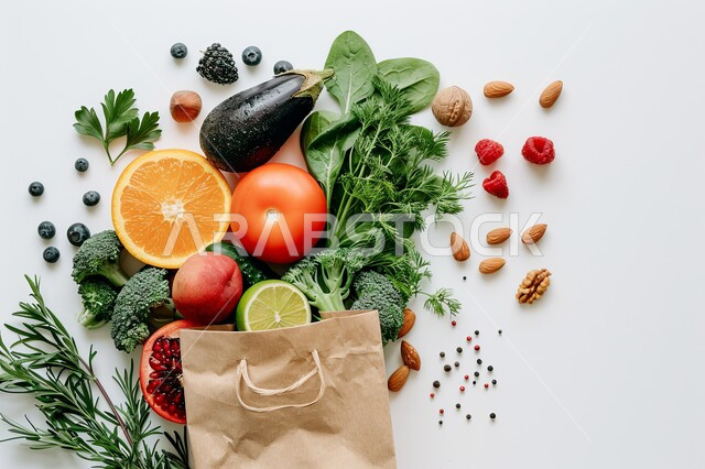 المنتجات والمحاصيل الزراعية الوطنية السعودية, الاهتمام في الزراعة المحلية والاكتفاء الذاتي, مأكولات مفيدة و صحية, صورة مقربة لمجموعة من الخضراوات والفواكه الطازجة مع كيس ورقي على خلفية بيضاء