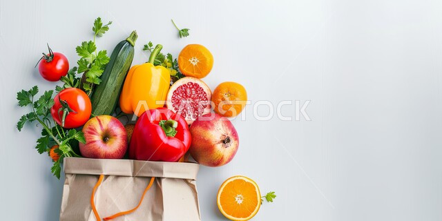 المنتجات والمحاصيل الزراعية الوطنية السعودية, الاهتمام في الزراعة المحلية والاكتفاء الذاتي, مأكولات مفيدة و صحية, صورة مقربة لمجموعة من الخضراوات والفواكه الطازجة مع كيس ورقي على خلفية بيضاء