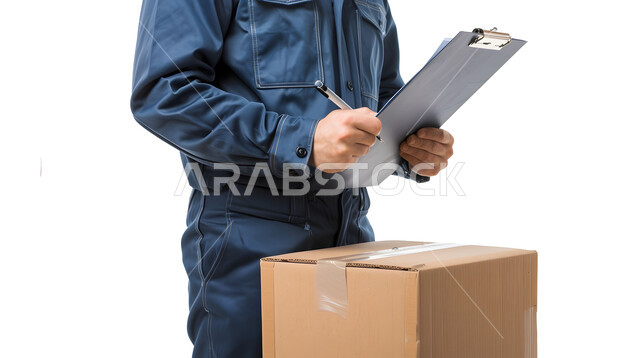 عملية شحن وتوصيل موثوقه, مفهوم التسوق الالكتروني, الطلبات الاونلاين والتسوق الذكي, بورتريه مقرب لرجل عربي خليجي سعودي يرتدي بدلة عمل زرقاء يعمل في توصيل الطلبات والبضائع للزبائن, كتابة وتسجيل البيانات والملاحظات، خلفية بيضاء