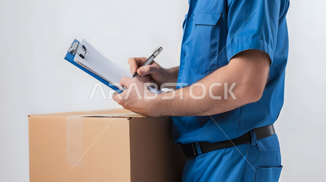 عملية شحن وتوصيل موثوقه, مفهوم التسوق الالكتروني, الطلبات الاونلاين والتسوق الذكي, بورتريه مقرب لرجل عربي خليجي سعودي يرتدي بدلة عمل زرقاء يعمل في توصيل الطلبات والبضائع للزبائن, كتابة وتسجيل البيانات والملاحظات، خلفية بيضاء