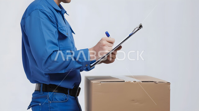 عملية شحن وتوصيل موثوقه, مفهوم التسوق الالكتروني, الطلبات الاونلاين والتسوق الذكي, بورتريه مقرب لرجل عربي خليجي سعودي يرتدي بدلة عمل زرقاء يعمل في توصيل الطلبات والبضائع للزبائن, كتابة وتسجيل البيانات والملاحظات، خلفية بيضاء