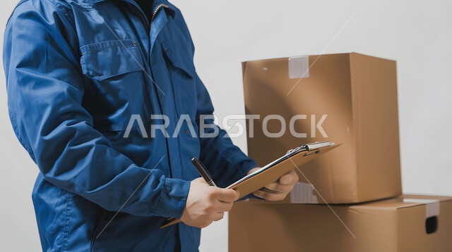 عملية شحن وتوصيل موثوقه, مفهوم التسوق الالكتروني, الطلبات الاونلاين والتسوق الذكي, بورتريه مقرب لرجل عربي خليجي سعودي يرتدي بدلة عمل زرقاء يعمل في توصيل الطلبات والبضائع للزبائن, كتابة وتسجيل البيانات والملاحظات، خلفية بيضاء