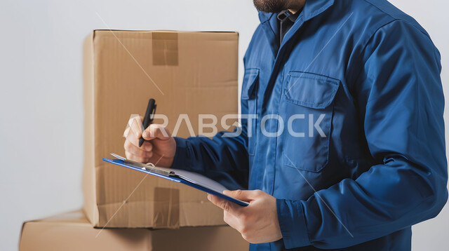 مفهوم التسوق الالكتروني, الطلبات الاونلاين والتسوق الذكي, عملية شحن وتوصيل موثوقه, بورتريه مقرب لرجل عربي خليجي سعودي يرتدي بدلة عمل زرقاء يعمل في توصيل الطلبات والبضائع للزبائن, كتابة وتسجيل البيانات والملاحظات، خلفية بيضاء