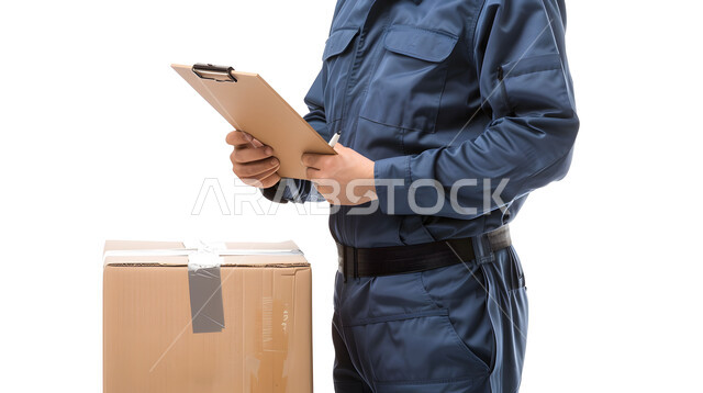 مفهوم التسوق الالكتروني, الطلبات الاونلاين والتسوق الذكي, عملية شحن وتوصيل موثوقه, بورتريه مقرب لرجل عربي خليجي سعودي يرتدي بدلة عمل زرقاء يعمل في توصيل الطلبات والبضائع للزبائن, كتابة وتسجيل البيانات والملاحظات، خلفية بيضاء