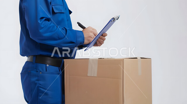 مفهوم التسوق الالكتروني, الطلبات الاونلاين والتسوق الذكي, عملية شحن وتوصيل موثوقه, بورتريه مقرب لرجل عربي خليجي سعودي يرتدي بدلة عمل زرقاء يعمل في توصيل الطلبات والبضائع للزبائن, كتابة وتسجيل البيانات والملاحظات، خلفية بيضاء