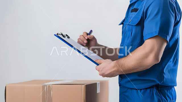 كتابة وتسجيل البيانات والملاحظات، مفهوم التسوق الالكتروني, الطلبات الاونلاين والتسوق الذكي, عملية شحن وتوصيل موثوقه, بورتريه مقرب لرجل عربي خليجي سعودي يرتدي بدلة عمل زرقاء يعمل في توصيل الطلبات والبضائع للزبائن, خلفية بيضاء