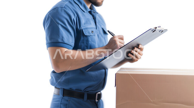 كتابة وتسجيل البيانات والملاحظات، مفهوم التسوق الالكتروني, الطلبات الاونلاين والتسوق الذكي, عملية شحن وتوصيل موثوقه, بورتريه مقرب لرجل عربي خليجي سعودي يرتدي بدلة عمل زرقاء يعمل في توصيل الطلبات والبضائع للزبائن, خلفية بيضاء
