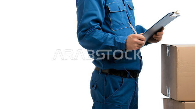 Writing and recording data and notes, the concept of e-shopping, online orders and smart shopping, reliable shipping and delivery process, close-up portrait of a Saudi Arabian Gulf man wearing a blue business suit working in delivering orders and goods to customers, white background