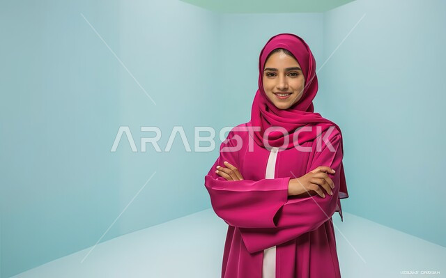 إلتقاط الصور الشخصية للوثائق الرسمية، الاهتمام بالأناقة والمظهر الخارجي، مفهوم الأنوثة والنعومة، بورتريه مقرب لإمرأة عربية خليجية اماراتية مبتسمة ترتدي حجاب وعباءة وردية تنظر الى الكاميرا بتعابير السرور، إيماءات الثقة بالنفس والوقوف بايدي متقاطعة، خلفية زرقاء